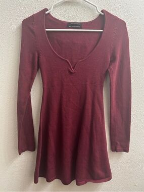 Urban Outfitters Burgundy Ribbed Long Sleeve Skater Dress